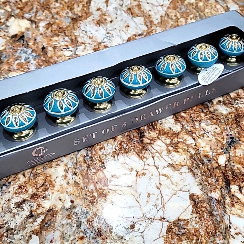 CASA DECOR Set of 8 Cabinet Drawer Knob Ceramic Pulls Handmade Turquoise & Gold